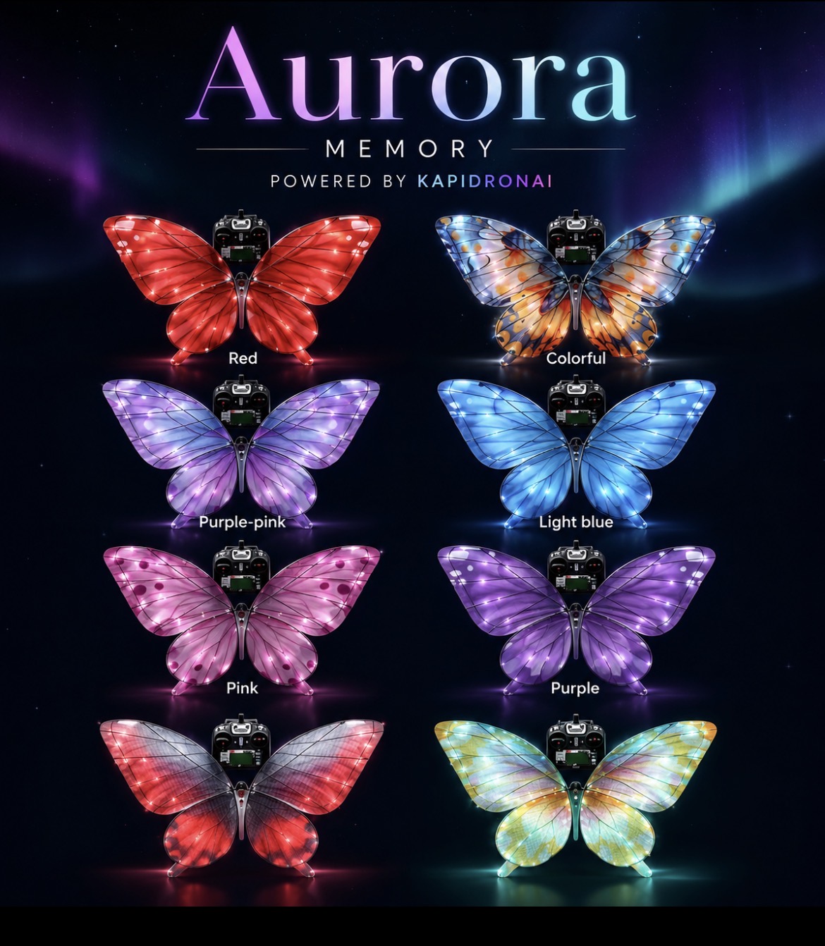 Aurora Memory sommerfugler i åtte farger — rød, fargerik, lilla-rosa, lyseblå, rosa, lilla og flerfargede varianter